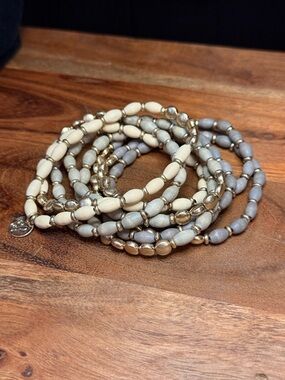 Beaded Bracelet Set - Neutral Gray & Cream with Gold Accents